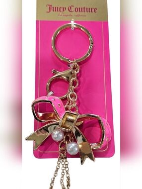 Juicy Couture Gold-tone Keyring with Pink Enamel Bow & Pearls, New